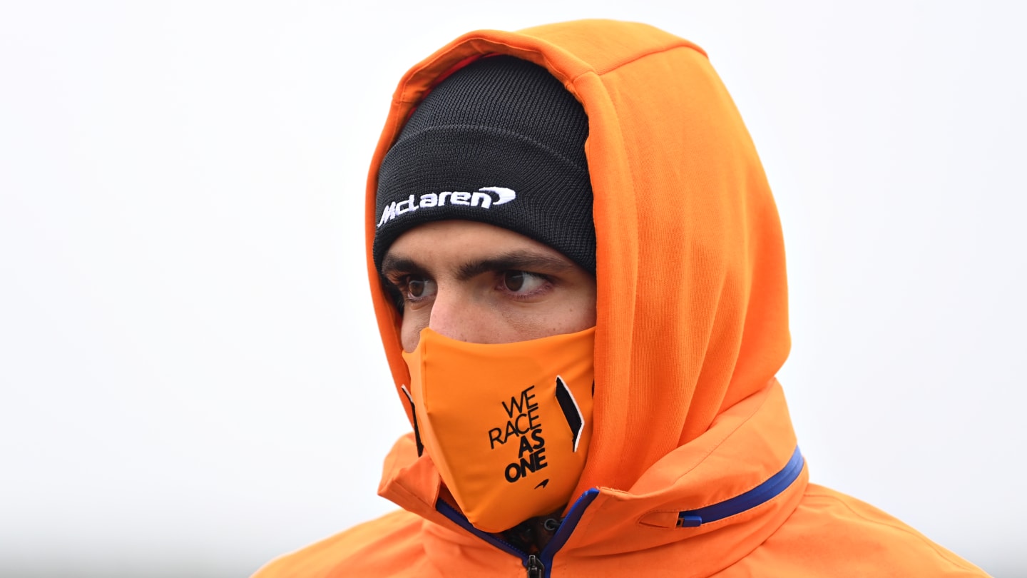 NUERBURG, GERMANY - OCTOBER 08: Carlos Sainz of Spain and McLaren F1 walks the track during previews ahead of the F1 Eifel Grand Prix at Nuerburgring on October 08, 2020 in Nuerburg, Germany. (Photo by Clive Mason - Formula 1/Formula 1 via Getty Images)