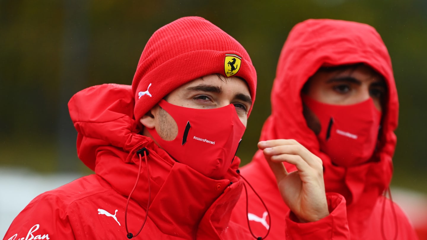 NUERBURG, GERMANY - OCTOBER 08: Charles Leclerc of Monaco and Ferrari walks the track with his team during previews ahead of the F1 Eifel Grand Prix at Nuerburgring on October 08, 2020 in Nuerburg, Germany. (Photo by Clive Mason - Formula 1/Formula 1 via Getty Images)