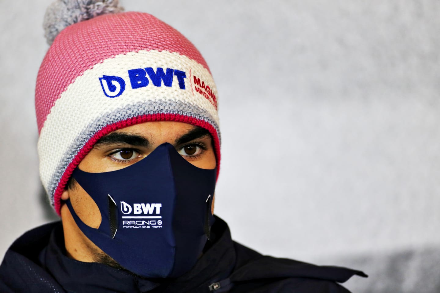 NUERBURG, GERMANY - OCTOBER 08: Lance Stroll of Canada and Racing Point talks in the Drivers Press