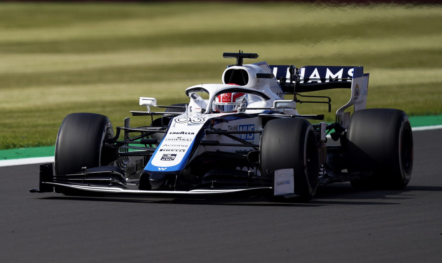NORTHAMPTON, ENGLAND - JULY 31: George Russell of Great Britain driving the (63) Williams Racing FW43 Mercedes on track during practice for the F1 Grand Prix of Great Britain at Silverstone on July 31, 2020 in Northampton, England. (Photo by Will Oliver/Pool via Getty Images)