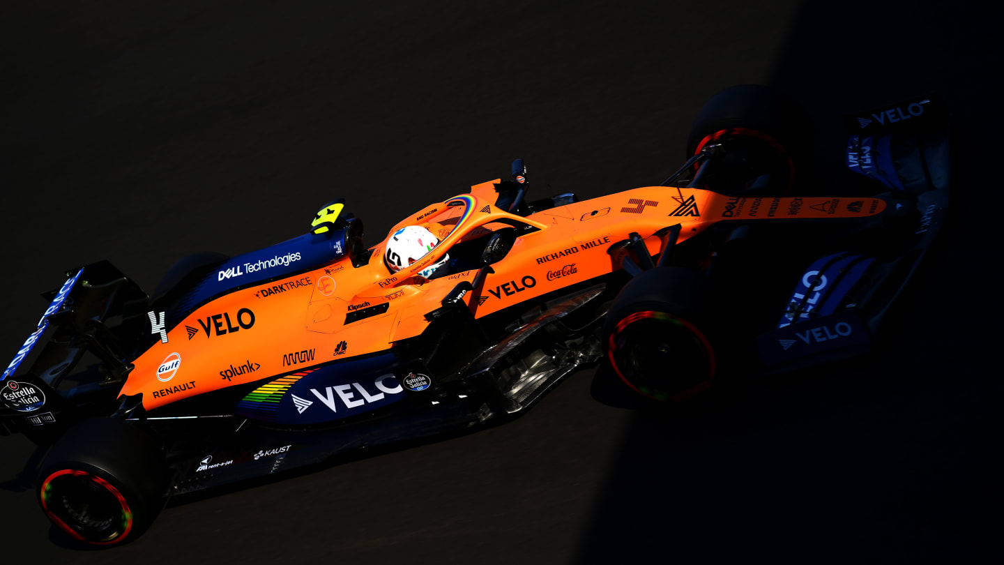 NORTHAMPTON, ENGLAND - JULY 31: Lando Norris of Great Britain driving the (4) McLaren F1 Team MCL35 Renault on track during practice for the F1 Grand Prix of Great Britain at Silverstone on July 31, 2020 in Northampton, England. (Photo by Mario Renzi - Formula 1/Formula 1 via Getty Images)