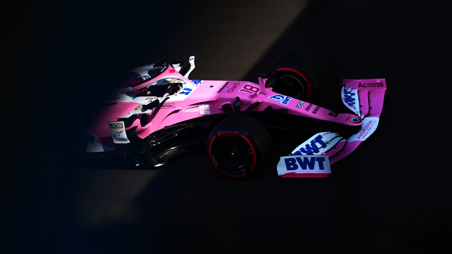NORTHAMPTON, ENGLAND - JULY 31: Lance Stroll of Canada driving the (18) Racing Point RP20 Mercedes on track during practice for the F1 Grand Prix of Great Britain at Silverstone on July 31, 2020 in Northampton, England. (Photo by Mario Renzi - Formula 1/Formula 1 via Getty Images)