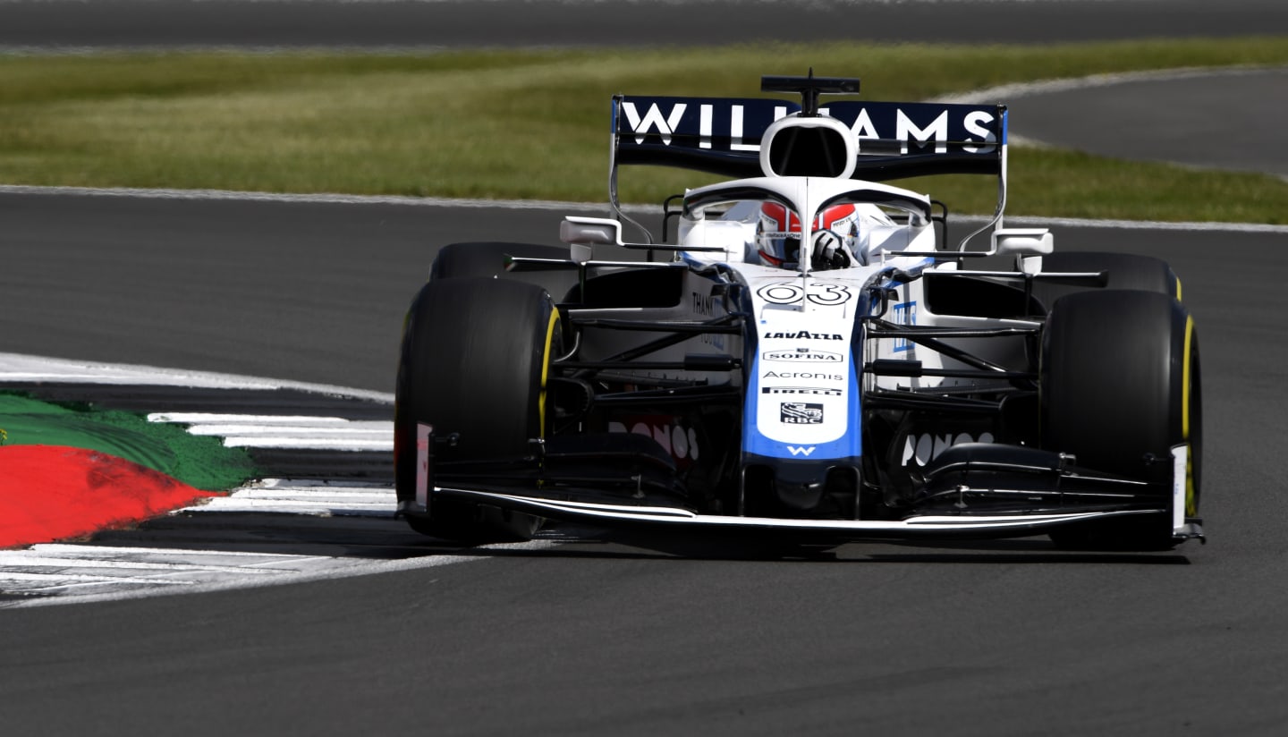 NORTHAMPTON, ENGLAND - AUGUST 02: George Russell of Great Britain driving the (63) Williams Racing FW43 Mercedes on track during the F1 Grand Prix of Great Britain at Silverstone on August 02, 2020 in Northampton, England. (Photo by Rudy Carezzevoli/Getty Images)