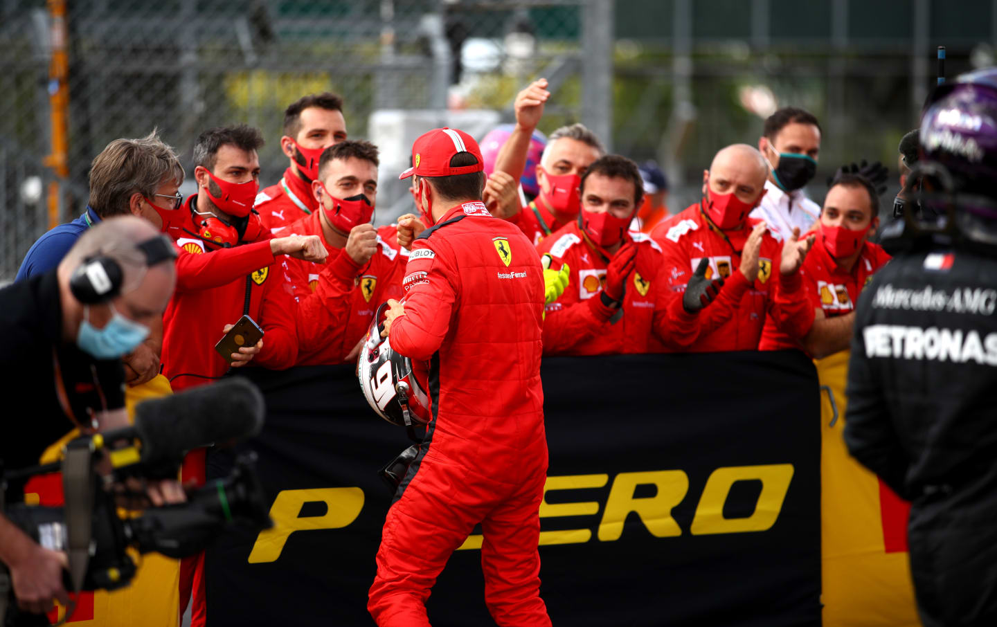 NORTHAMPTON, ENGLAND - AUGUST 02: Third-placed Charles Leclerc of Monaco and Ferrari celebrates