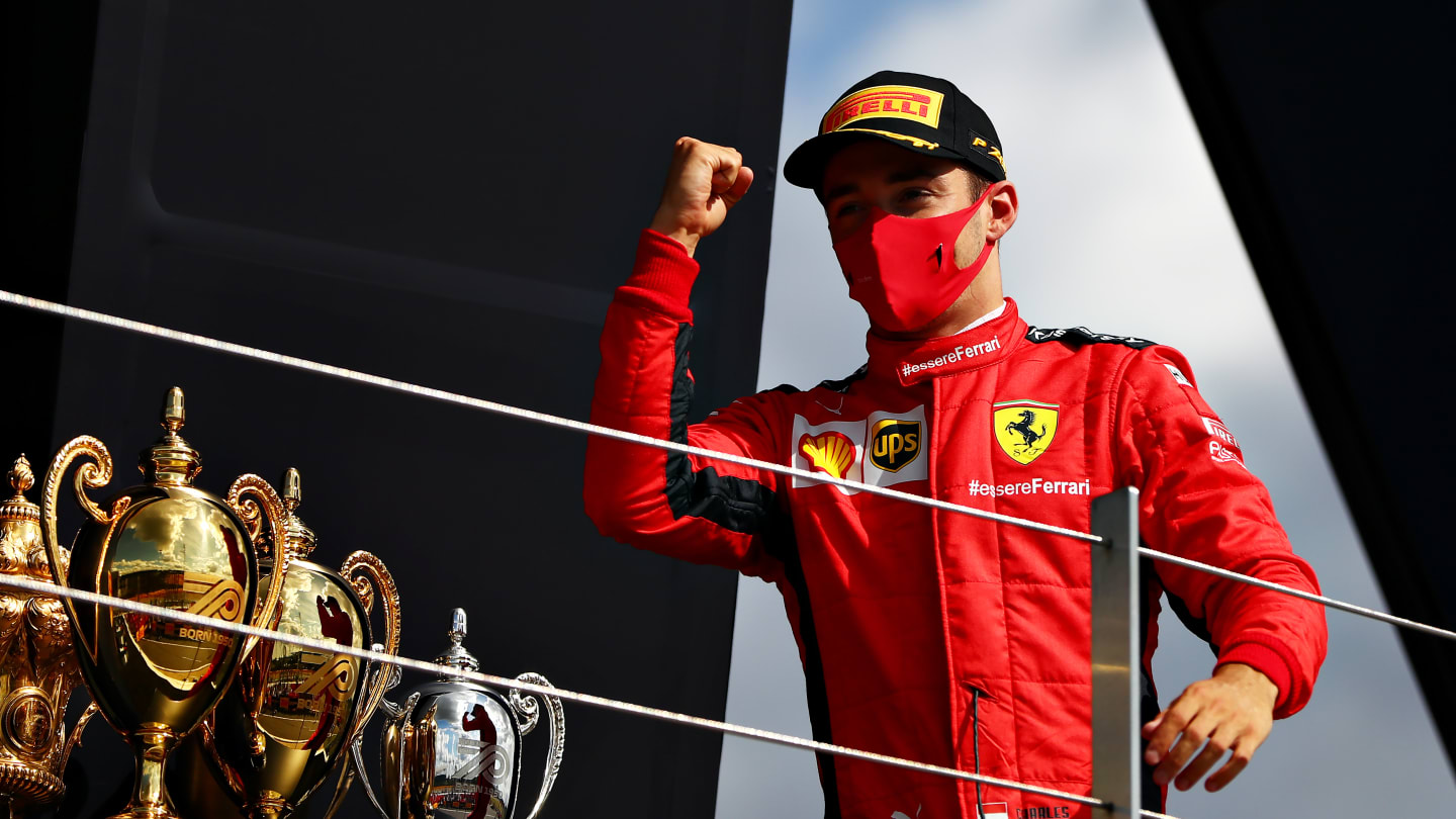NORTHAMPTON, ENGLAND - AUGUST 02: Third placed Charles Leclerc of Monaco and Ferrari celebrates on