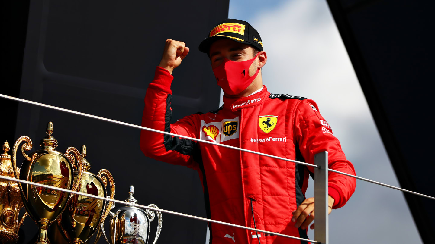 NORTHAMPTON, ENGLAND - AUGUST 02: Third placed Charles Leclerc of Monaco and Ferrari celebrates on
