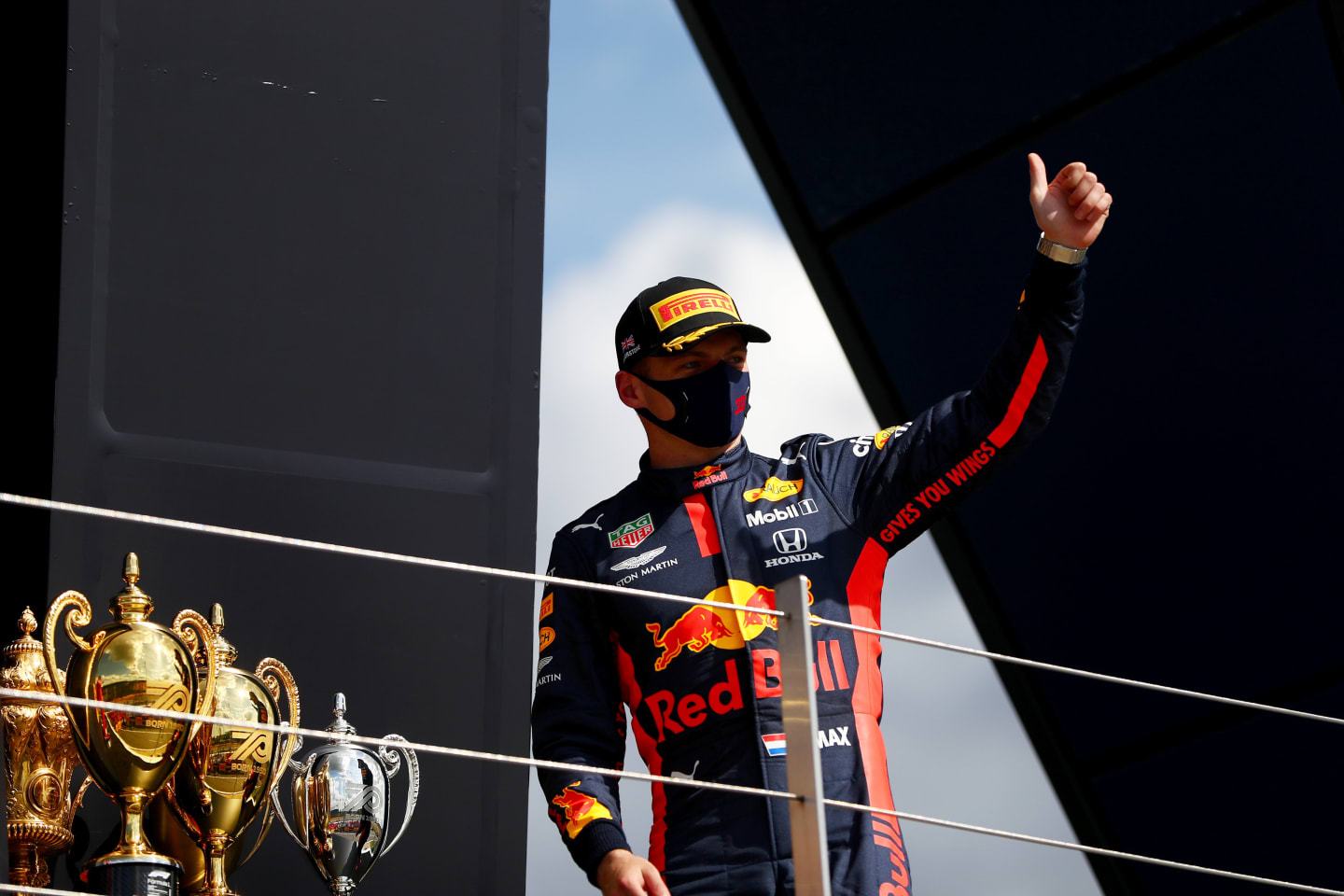 NORTHAMPTON, ENGLAND - AUGUST 02: Max Verstappen of Netherlands and Red Bull Racing celebrates on