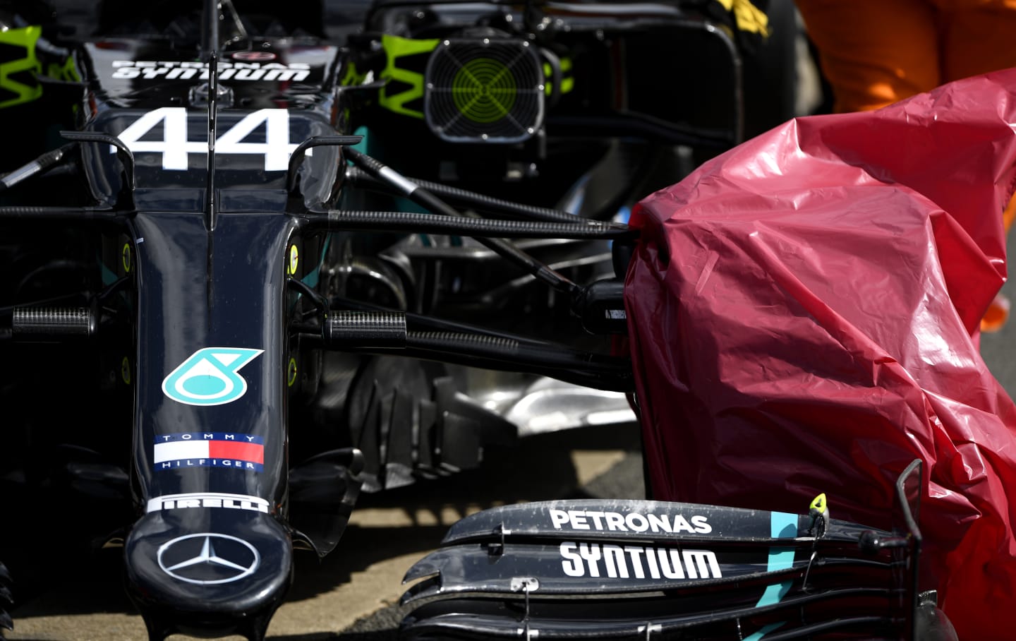 NORTHAMPTON, ENGLAND - AUGUST 02: The car of Lewis Hamilton of Great Britain and Mercedes GP is