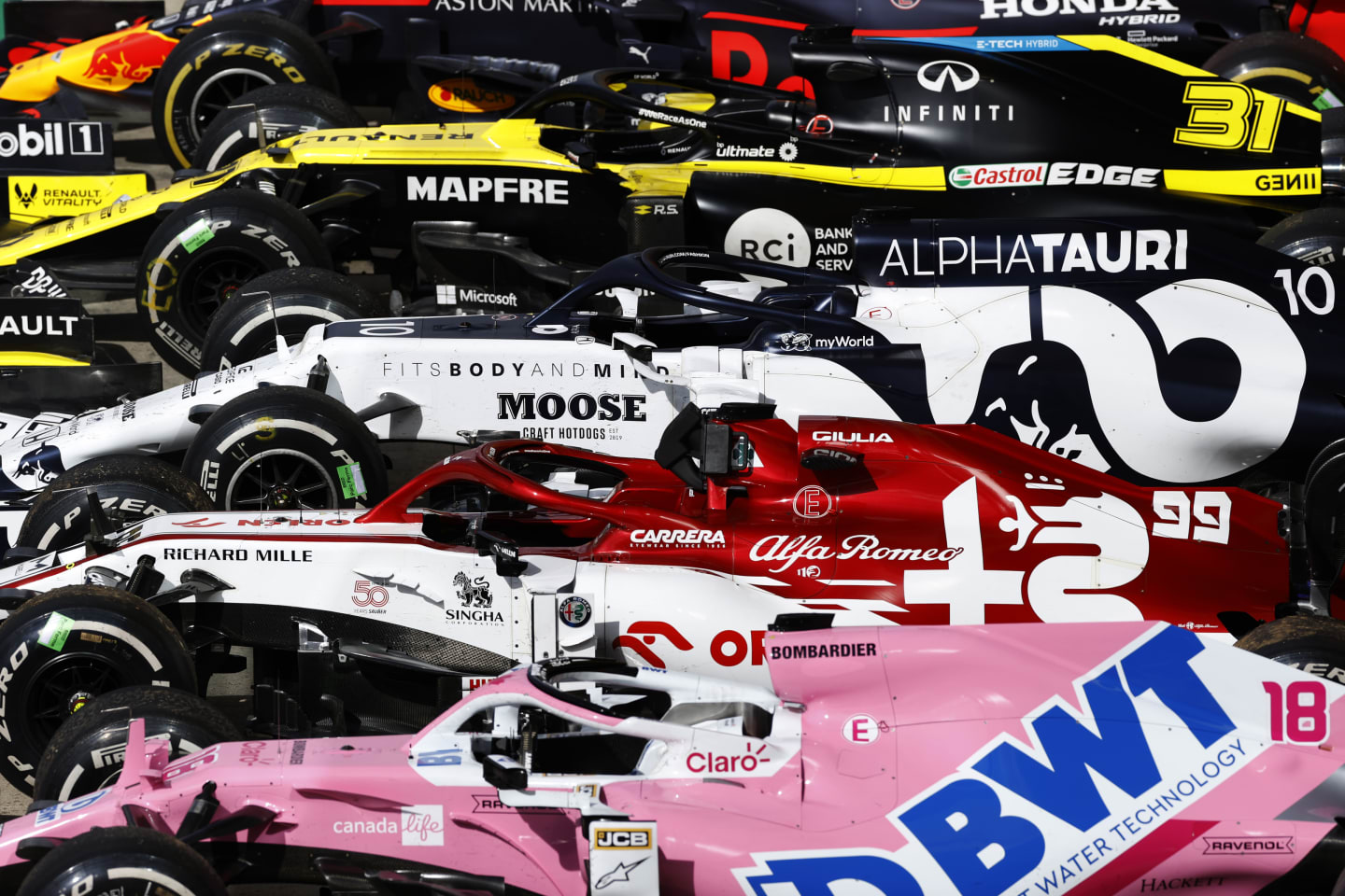 NORTHAMPTON, ENGLAND - AUGUST 02: A view of cars parked in parc ferme after the F1 Grand Prix of