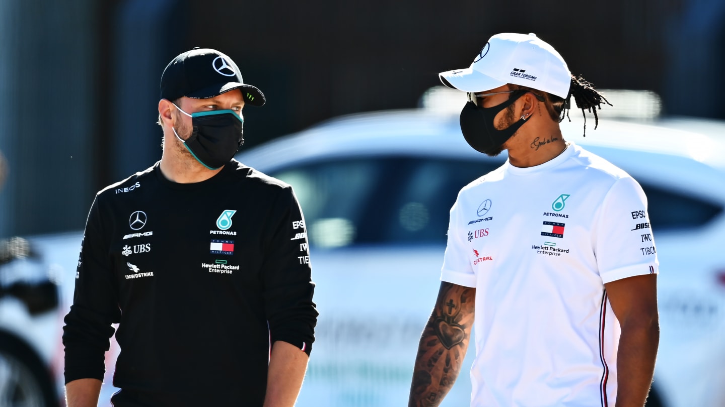 NORTHAMPTON, ENGLAND - JULY 30: Lewis Hamilton of Great Britain and Mercedes GP and Valtteri Bottas