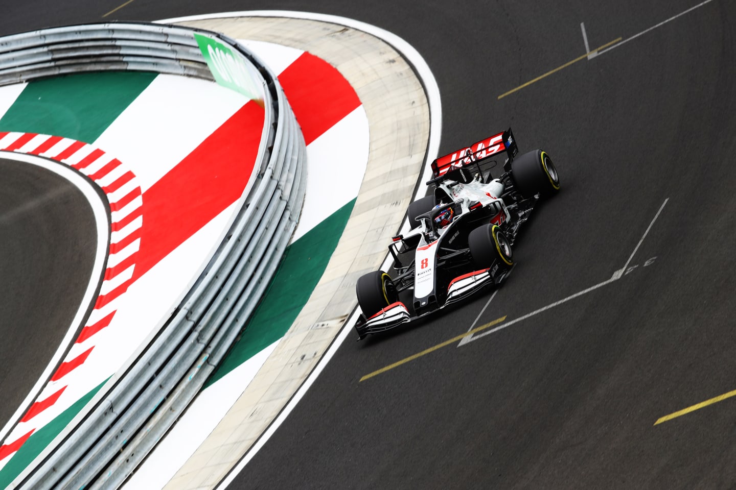 BUDAPEST, HUNGARY - JULY 17: Romain Grosjean of France driving the (8) Haas F1 Team VF-20 Ferrari on track during practice for the F1 Grand Prix of Hungary at Hungaroring on July 17, 2020 in Budapest, Hungary. (Photo by Mark Thompson/Getty Images,)