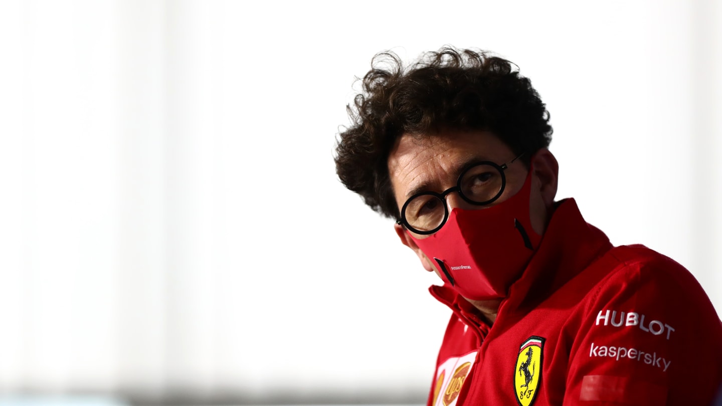 BUDAPEST, HUNGARY - JULY 17: Scuderia Ferrari Team Principal Mattia Binotto talks in the Team Principals Press Conference during practice for the F1 Grand Prix of Hungary at Hungaroring on July 17, 2020 in Budapest, Hungary. (Photo by Dan Istitene - Formula 1/Formula 1 via Getty Images)