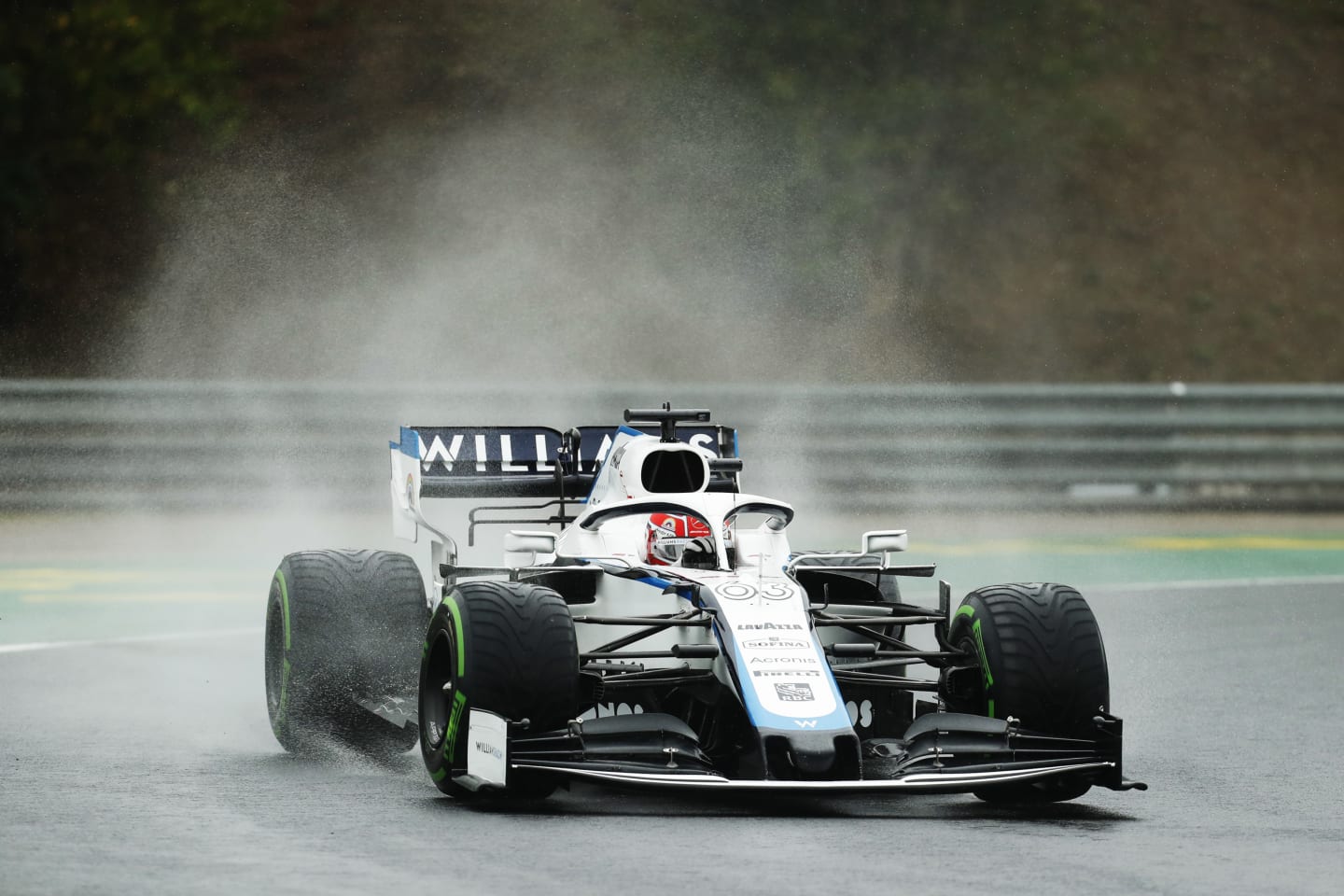 BUDAPEST, HUNGARY - JULY 17: George Russell of Great Britain driving the (63) Williams Racing FW43 Mercedes on track during practice for the F1 Grand Prix of Hungary at Hungaroring on July 17, 2020 in Budapest, Hungary. (Photo by Darko Bandic/Pool via Getty Images)