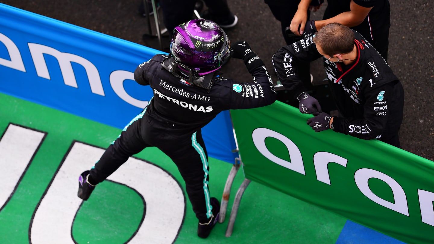 BUDAPEST, HUNGARY - JULY 18: Pole position qualifier Lewis Hamilton of Great Britain and Mercedes GP celebrates in parc ferme  during qualifying for the F1 Grand Prix of Hungary at Hungaroring on July 18, 2020 in Budapest, Hungary. (Photo by Mario Renzi - Formula 1/Formula 1 via Getty Images)