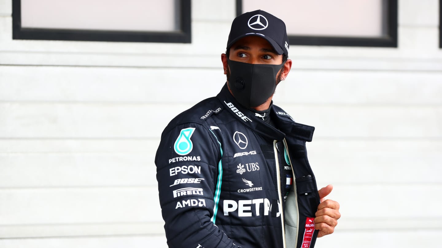 BUDAPEST, HUNGARY - JULY 18: Pole position qualifier Lewis Hamilton of Great Britain and Mercedes GP looks on in parc ferme  during qualifying for the F1 Grand Prix of Hungary at Hungaroring on July 18, 2020 in Budapest, Hungary. (Photo by Dan Istitene - Formula 1/Formula 1 via Getty Images)