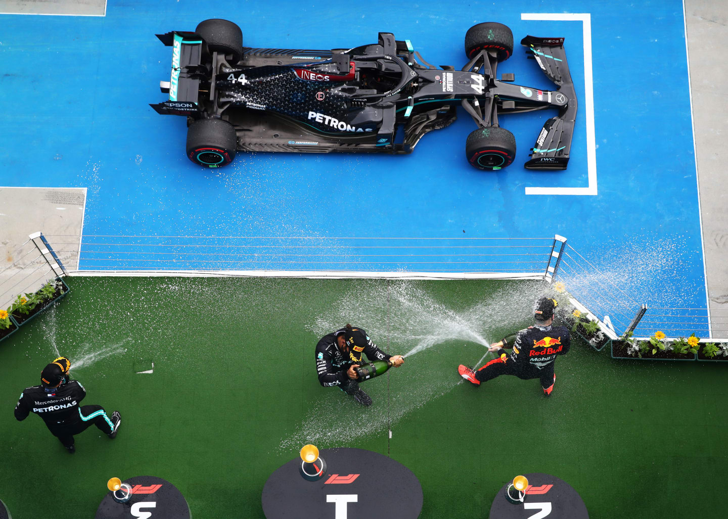 BUDAPEST, HUNGARY - JULY 19: Race winner Lewis Hamilton of Great Britain and Mercedes GP, second