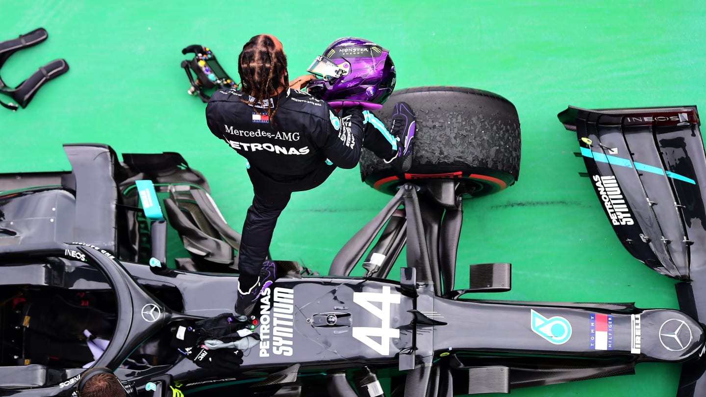 BUDAPEST, HUNGARY - JULY 19: Race winner Lewis Hamilton of Great Britain and Mercedes GP celebrates in parc ferme after the Formula One Grand Prix of Hungary at Hungaroring on July 19, 2020 in Budapest, Hungary. (Photo by Mario Renzi - Formula 1/Formula 1 via Getty Images)