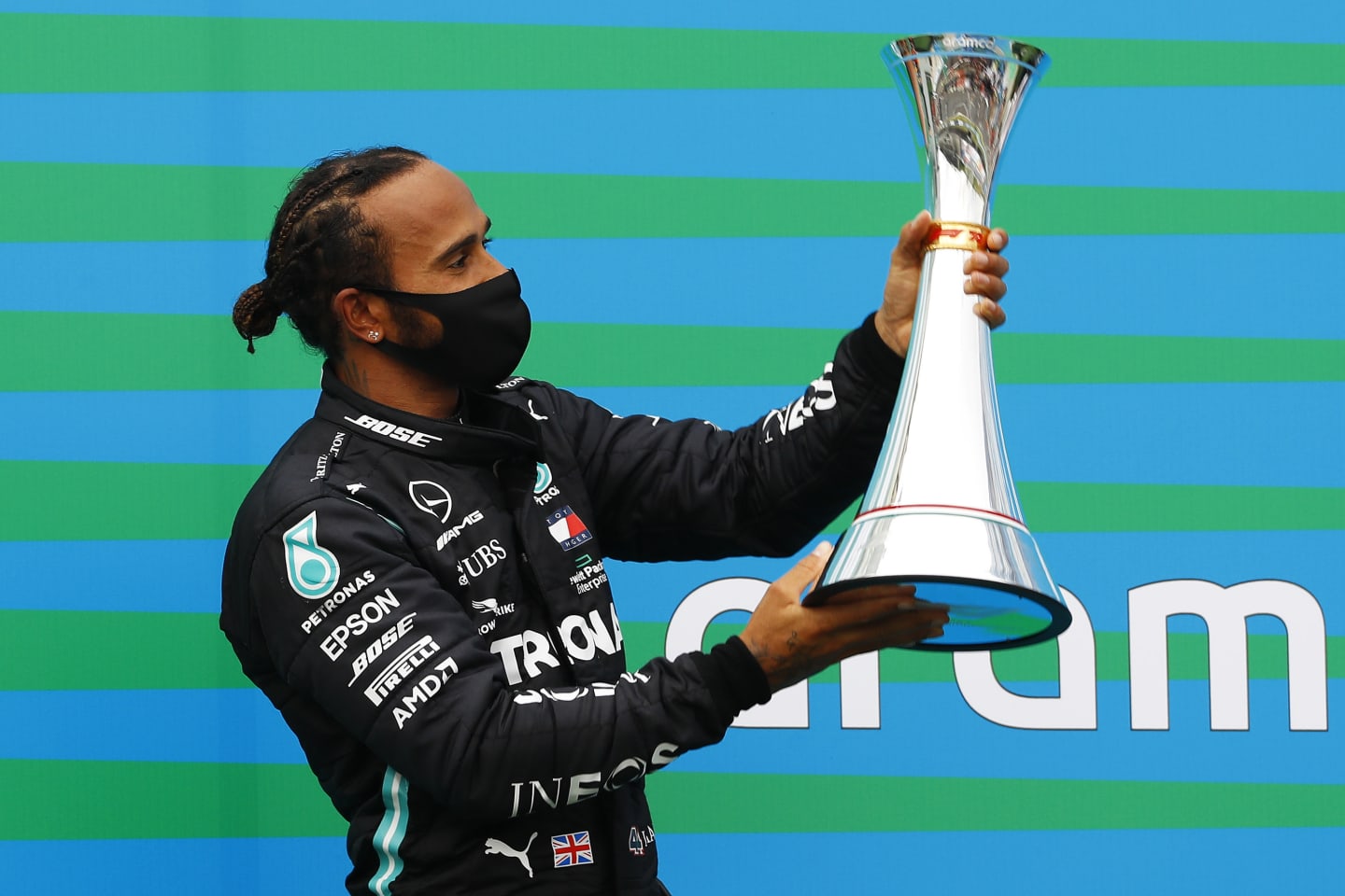 BUDAPEST, HUNGARY - JULY 19: Race winner Lewis Hamilton of Great Britain and Mercedes GP celebrates on the podium after the Formula One Grand Prix of Hungary at Hungaroring on July 19, 2020 in Budapest, Hungary. (Photo by Leonhard Foeger/Pool via Getty Images)