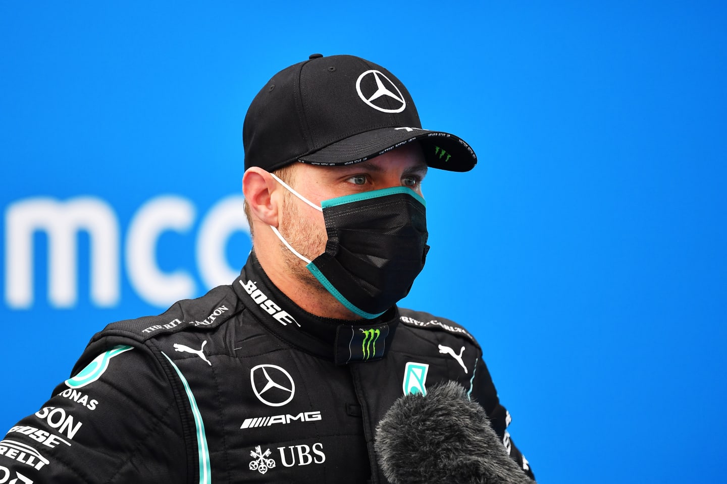 BUDAPEST, HUNGARY - JULY 19: Third placed Valtteri Bottas of Finland and Mercedes GP is interviewed in parc ferme after the Formula One Grand Prix of Hungary at Hungaroring on July 19, 2020 in Budapest, Hungary. (Photo by Joe Klamar/Pool via Getty Images)