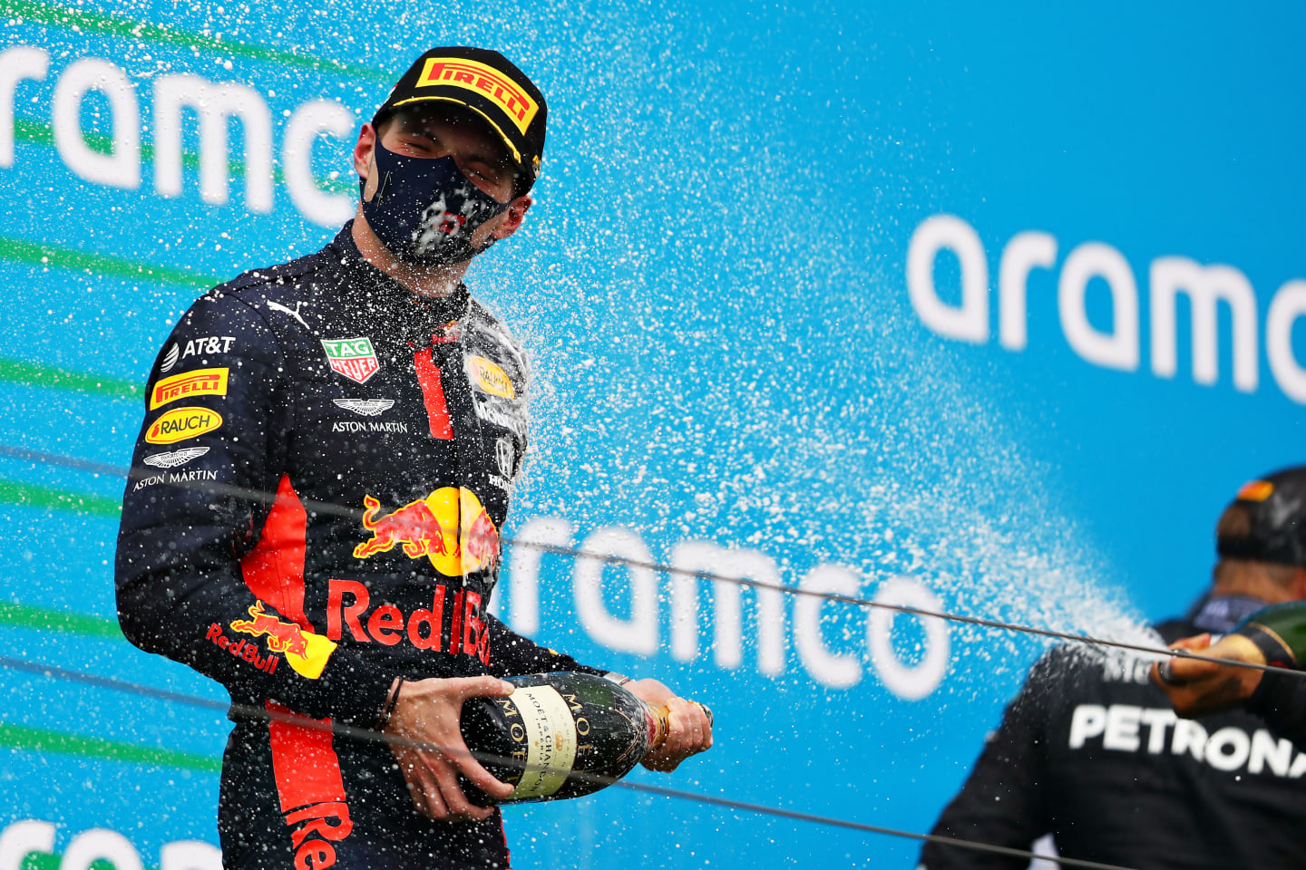 BUDAPEST, HUNGARY - JULY 19: Second placed Max Verstappen of Netherlands and Red Bull Racing celebrates on the podium during the Formula One Grand Prix of Hungary at Hungaroring on July 19, 2020 in Budapest, Hungary. (Photo by Getty Images/Getty Images)