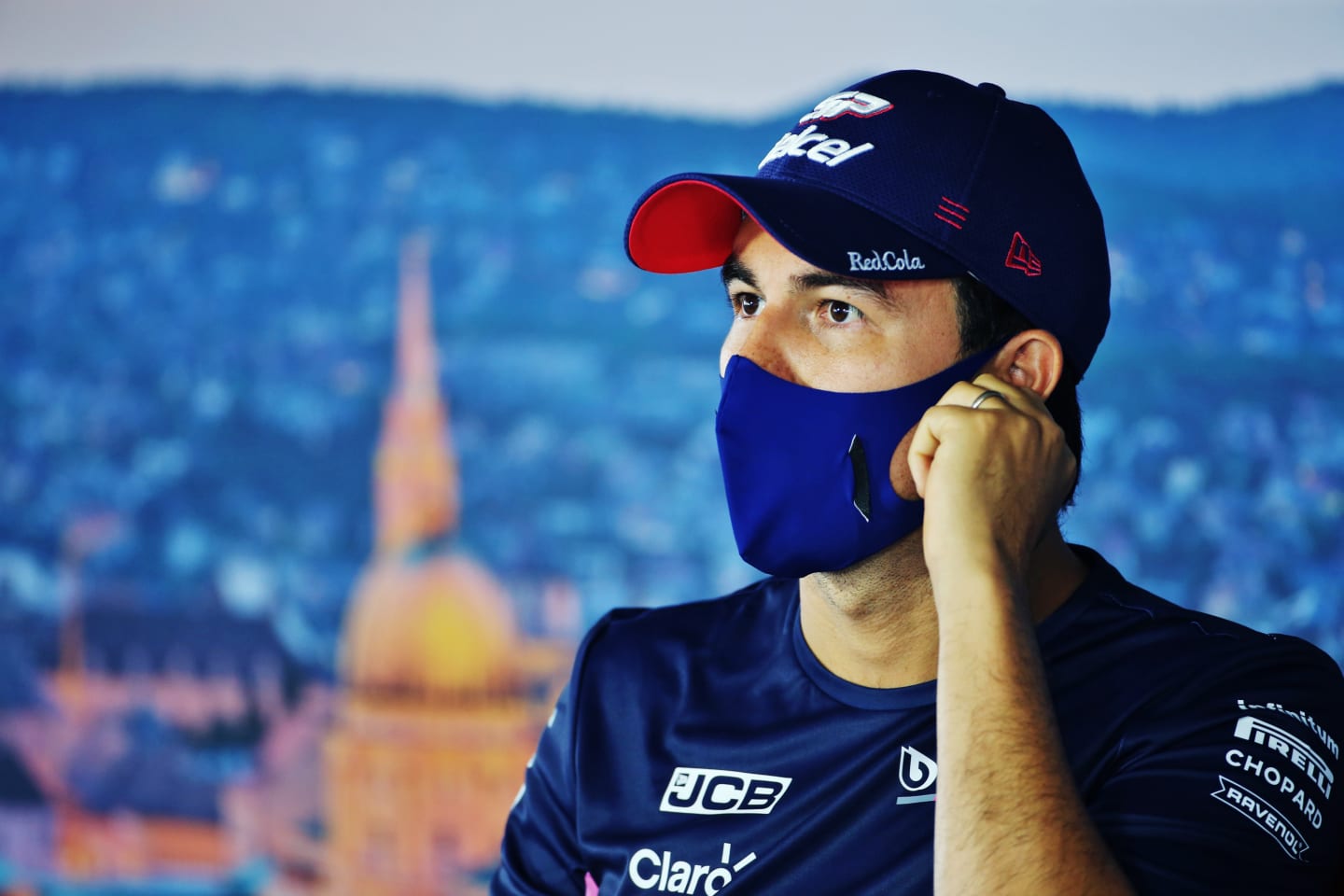 BUDAPEST, HUNGARY - JULY 16: Sergio Perez of Mexico and Racing Point talks in the Drivers Press