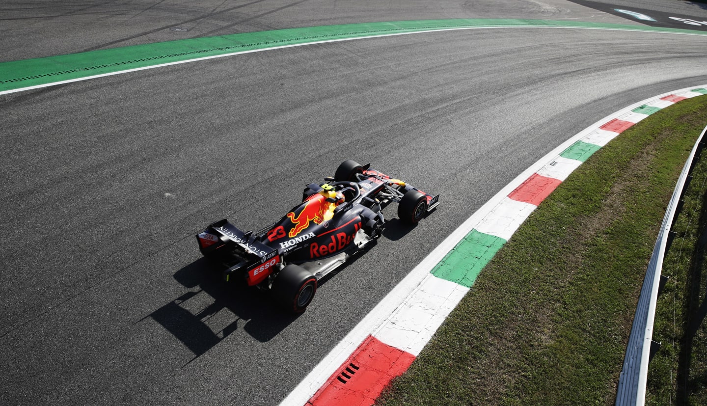 MONZA, ITALY - SEPTEMBER 04: Alexander Albon of Thailand driving the (23) Aston Martin Red Bull Racing RB16 on track during practice for the F1 Grand Prix of Italy at Autodromo di Monza on September 04, 2020 in Monza, Italy. (Photo by Luca Bruno/Pool via Getty Images)