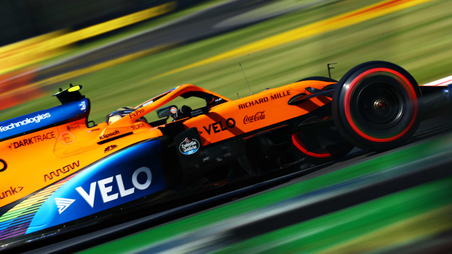MONZA, ITALY - SEPTEMBER 05: Lando Norris of Great Britain driving the (4) McLaren F1 Team MCL35 Renault during qualifying for the F1 Grand Prix of Italy at Autodromo di Monza on September 05, 2020 in Monza, Italy. (Photo by Dan Istitene - Formula 1/Formula 1 via Getty Images)