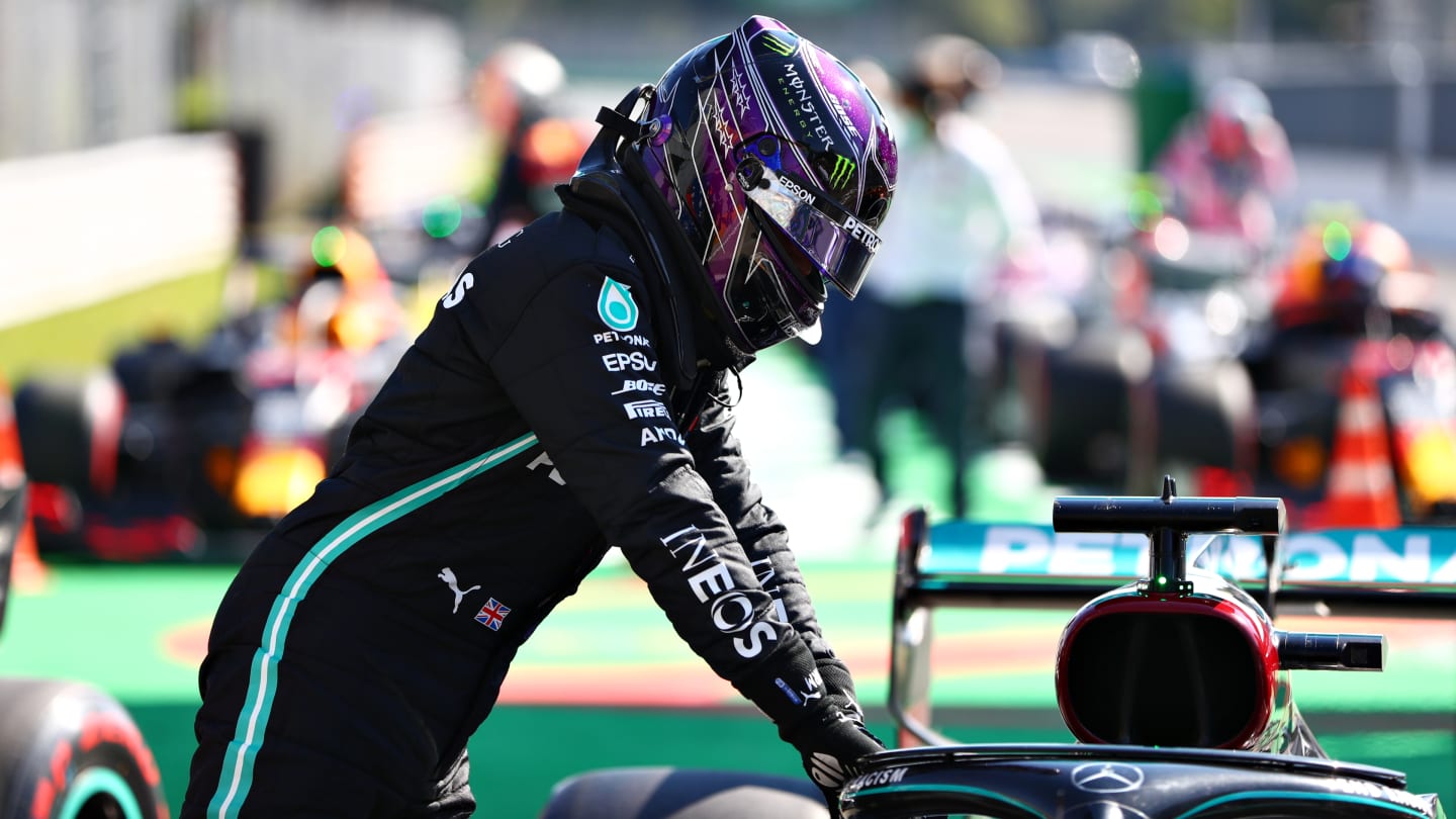 MONZA, ITALY - SEPTEMBER 05: Pole position qualifier Lewis Hamilton of Great Britain and Mercedes