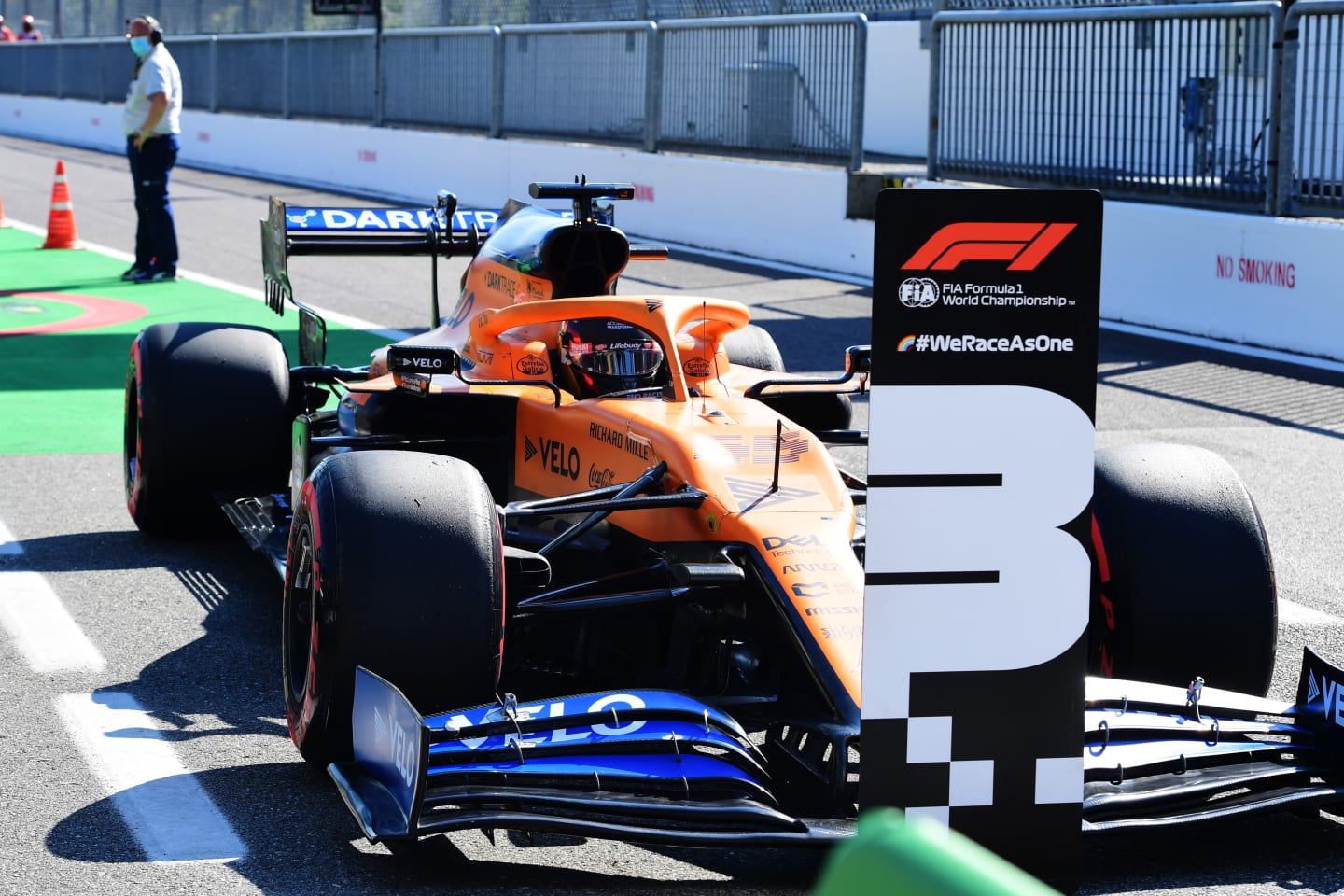 MONZA, ITALY - SEPTEMBER 05: Third placed qualifier Carlos Sainz of Spain driving the (55) McLaren F1 Team MCL35 Renault stops in parc ferme after qualifying for the F1 Grand Prix of Italy at Autodromo di Monza on September 05, 2020 in Monza, Italy. (Photo by Jenifer Lorenzini - Pool/Getty Images)
