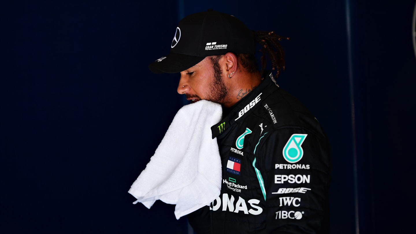 MONZA, ITALY - SEPTEMBER 05: Pole position qualifier Lewis Hamilton of Great Britain and Mercedes GP celebrates in parc ferme during qualifying for the F1 Grand Prix of Italy at Autodromo di Monza on September 05, 2020 in Monza, Italy. (Photo by Mario Renzi - Formula 1/Formula 1 via Getty Images)