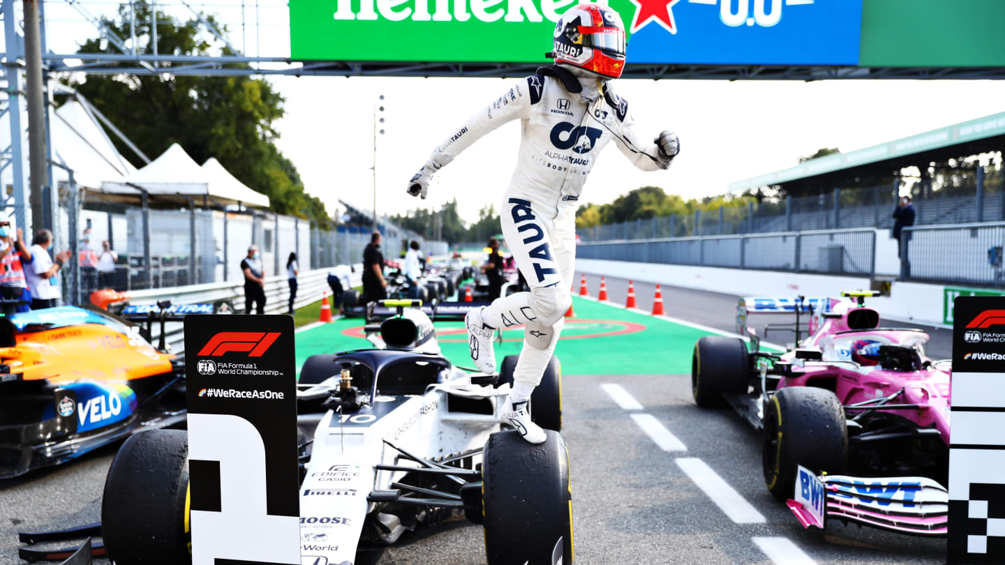 MONZA, ITALY - SEPTEMBER 06: Race winner Pierre Gasly of France and Scuderia AlphaTauri celebrates