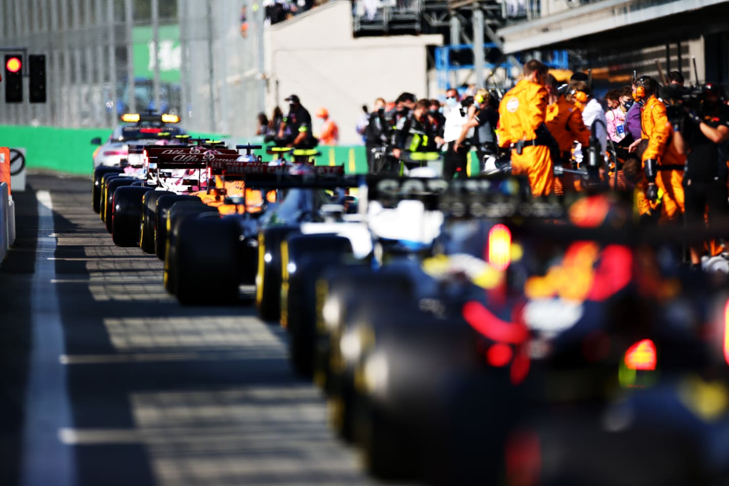 MONZA, ITALY - SEPTEMBER 06: Cars line up in the Pitlane before the restart during the F1 Grand