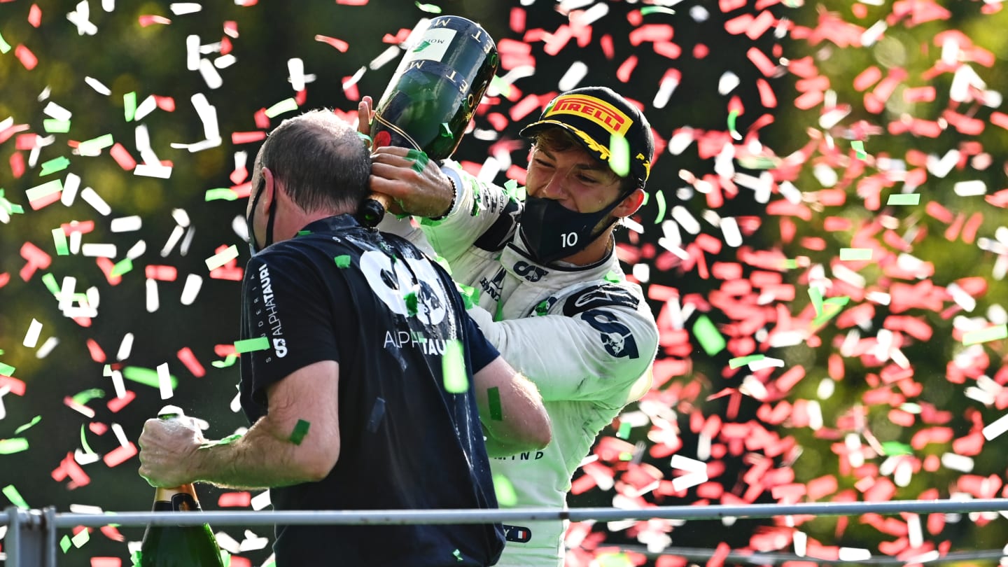 MONZA, ITALY - SEPTEMBER 06: Race winner Pierre Gasly of France and Scuderia AlphaTauri celebrates with Graham Watson, Team Manager of Scuderia AlphaTauri during the F1 Grand Prix of Italy at Autodromo di Monza on September 06, 2020 in Monza, Italy. (Photo by Clive Mason - Formula 1/Formula 1 via Getty Images)