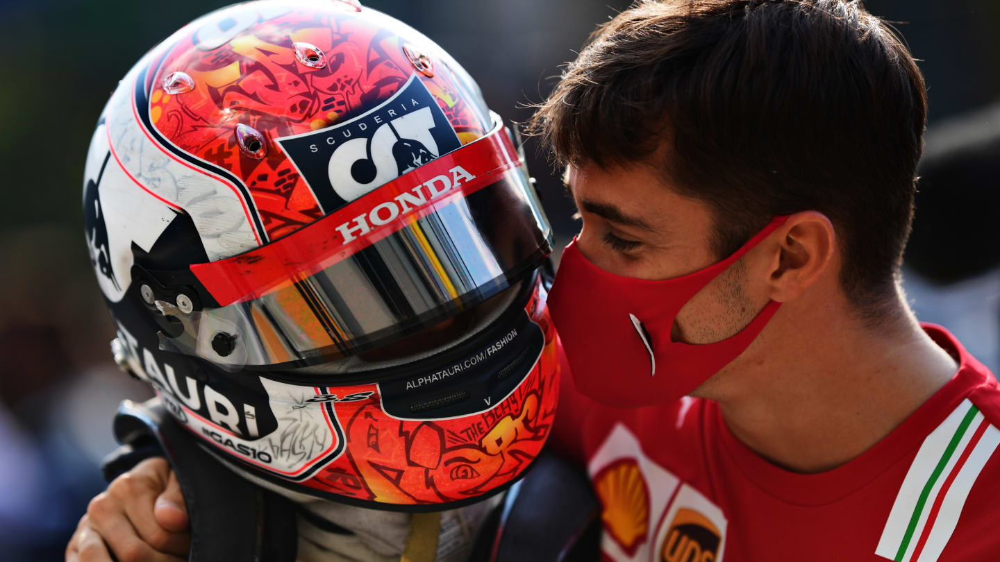 MONZA, ITALY - SEPTEMBER 06: Race winner Pierre Gasly of France and Scuderia AlphaTauri celebrates with Charles Leclerc of Monaco and Ferrari in parc ferme during the F1 Grand Prix of Italy at Autodromo di Monza on September 06, 2020 in Monza, Italy. (Photo by Mario Renzi - Formula 1/Formula 1 via Getty Images)