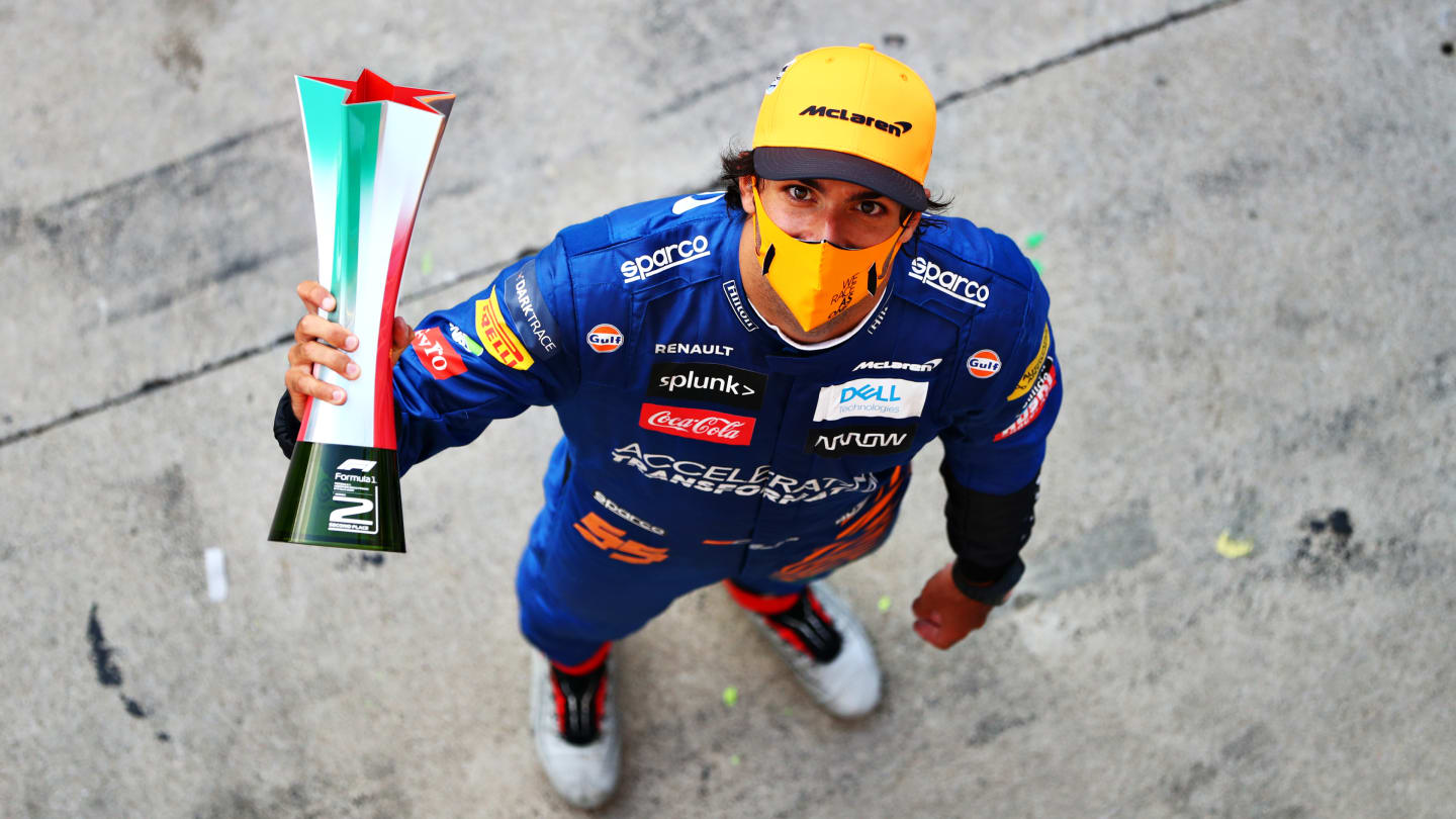 MONZA, ITALY - SEPTEMBER 06: Second placed Carlos Sainz of Spain and McLaren F1 celebrates during the F1 Grand Prix of Italy at Autodromo di Monza on September 06, 2020 in Monza, Italy. (Photo by Dan Istitene - Formula 1/Formula 1 via Getty Images)