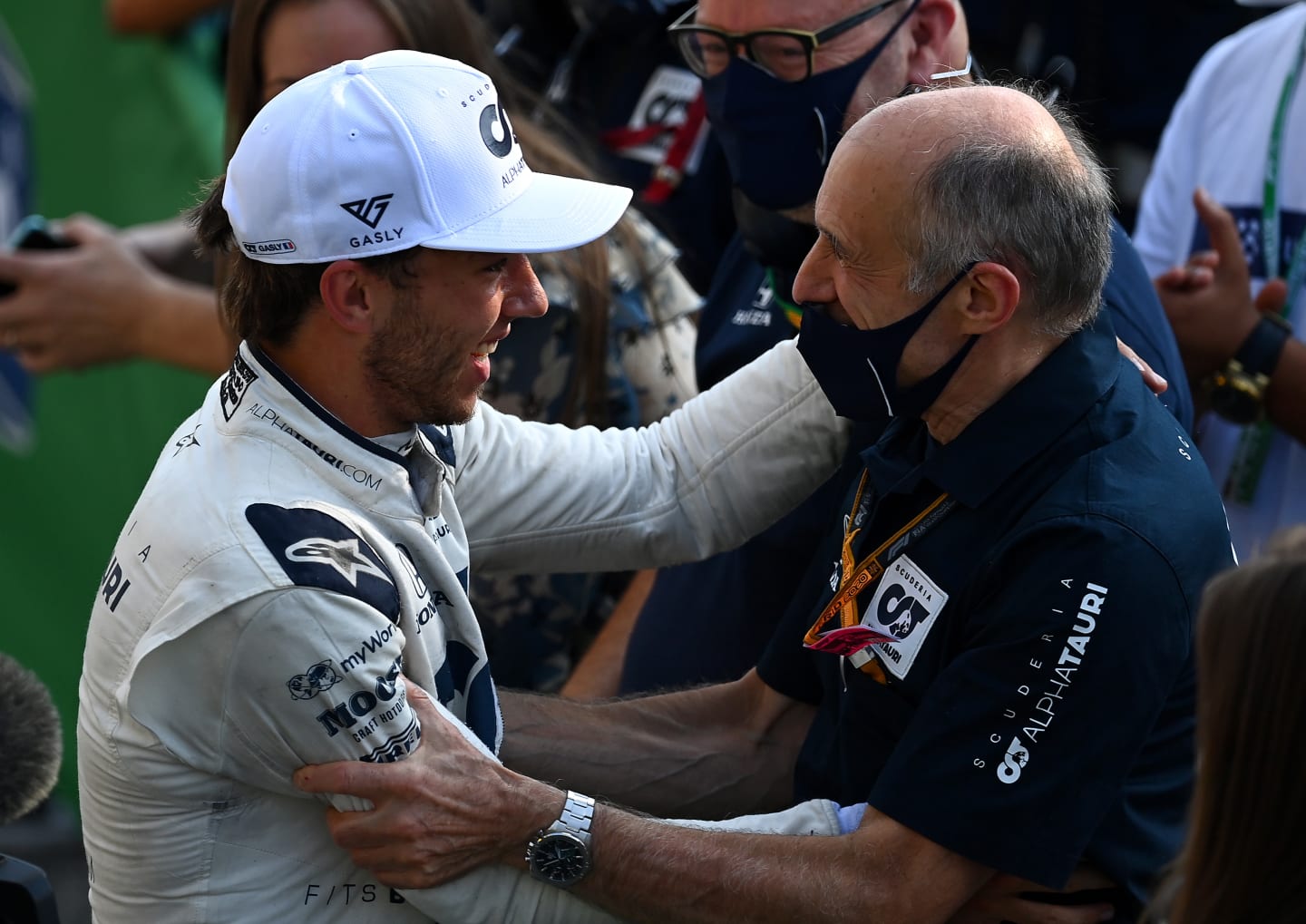 MONZA, ITALY - SEPTEMBER 06: Race winner Pierre Gasly of France and Scuderia AlphaTauri celebrates with Scuderia AlphaTauri Team Principal Franz Tost in parc ferme during the F1 Grand Prix of Italy at Autodromo di Monza on September 06, 2020 in Monza, Italy. (Photo by Clive Mason - Formula 1/Formula 1 via Getty Images)