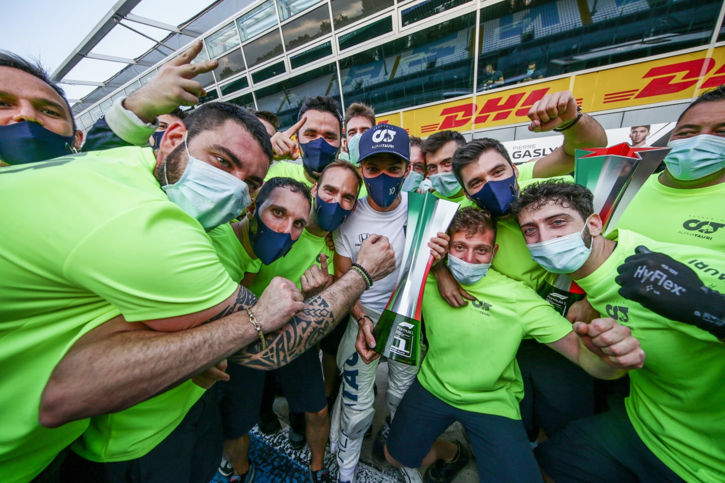 MONZA, ITALY - SEPTEMBER 06: Pierre Gasly of Scuderia AlphaTauri and France celebrates with the team after winning the F1 Grand Prix of Italy at Autodromo di Monza on September 06, 2020 in Monza, Italy. (Photo by Peter Fox/Getty Images)