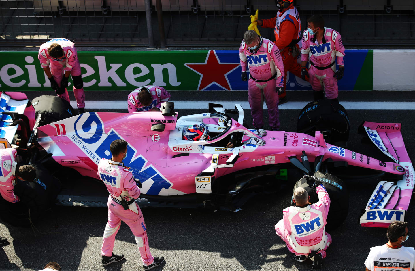 MONZA, ITALY - SEPTEMBER 06: Sergio Perez of Mexico and Racing Point stops in the Pitlane during a