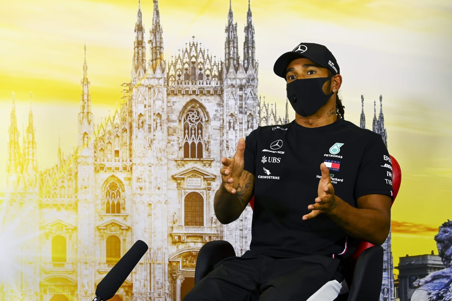 MONZA, ITALY - SEPTEMBER 03: Lewis Hamilton of Great Britain and Mercedes GP talks in the Drivers