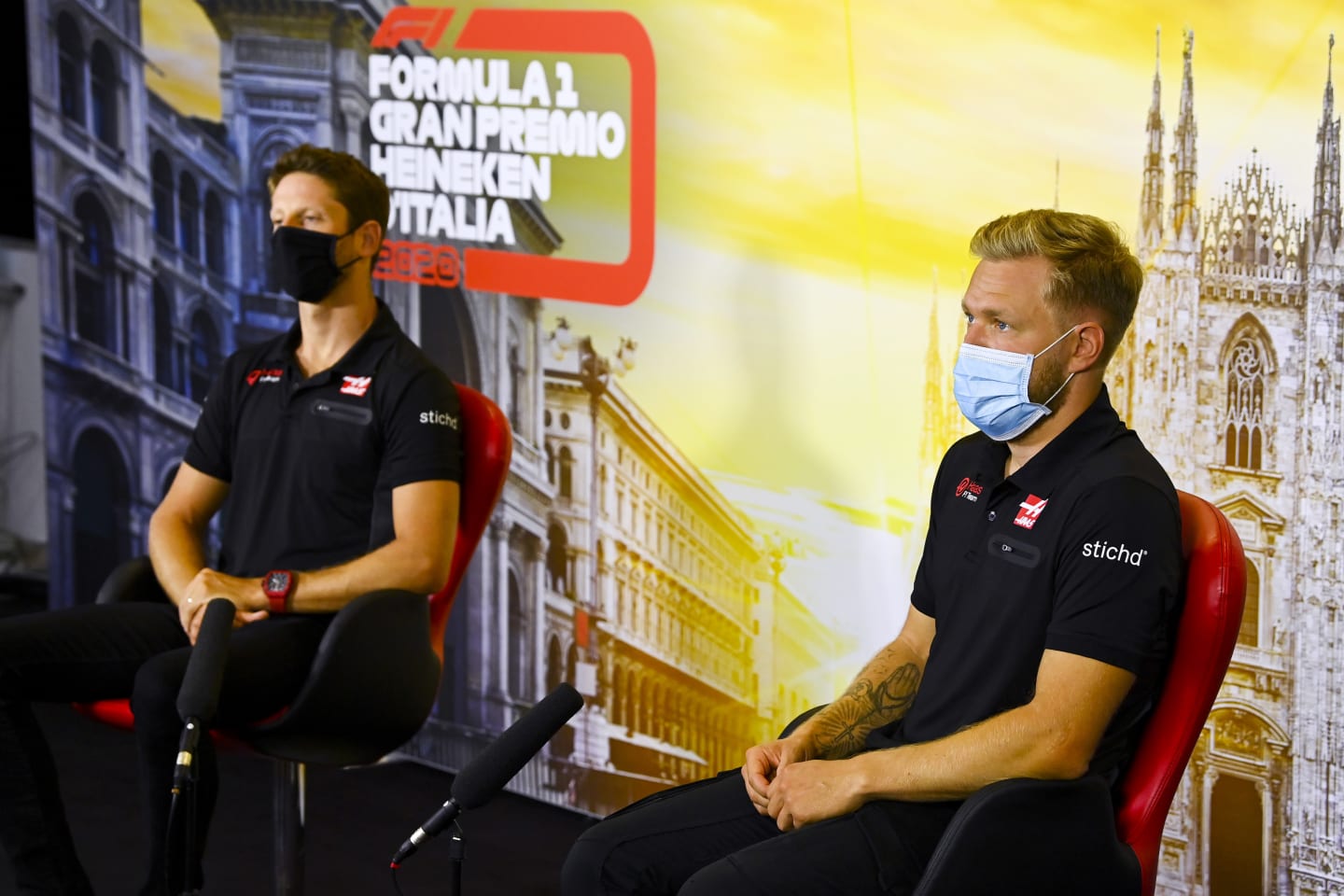 MONZA, ITALY - SEPTEMBER 03: Kevin Magnussen of Denmark and Haas F1 and Romain Grosjean of France