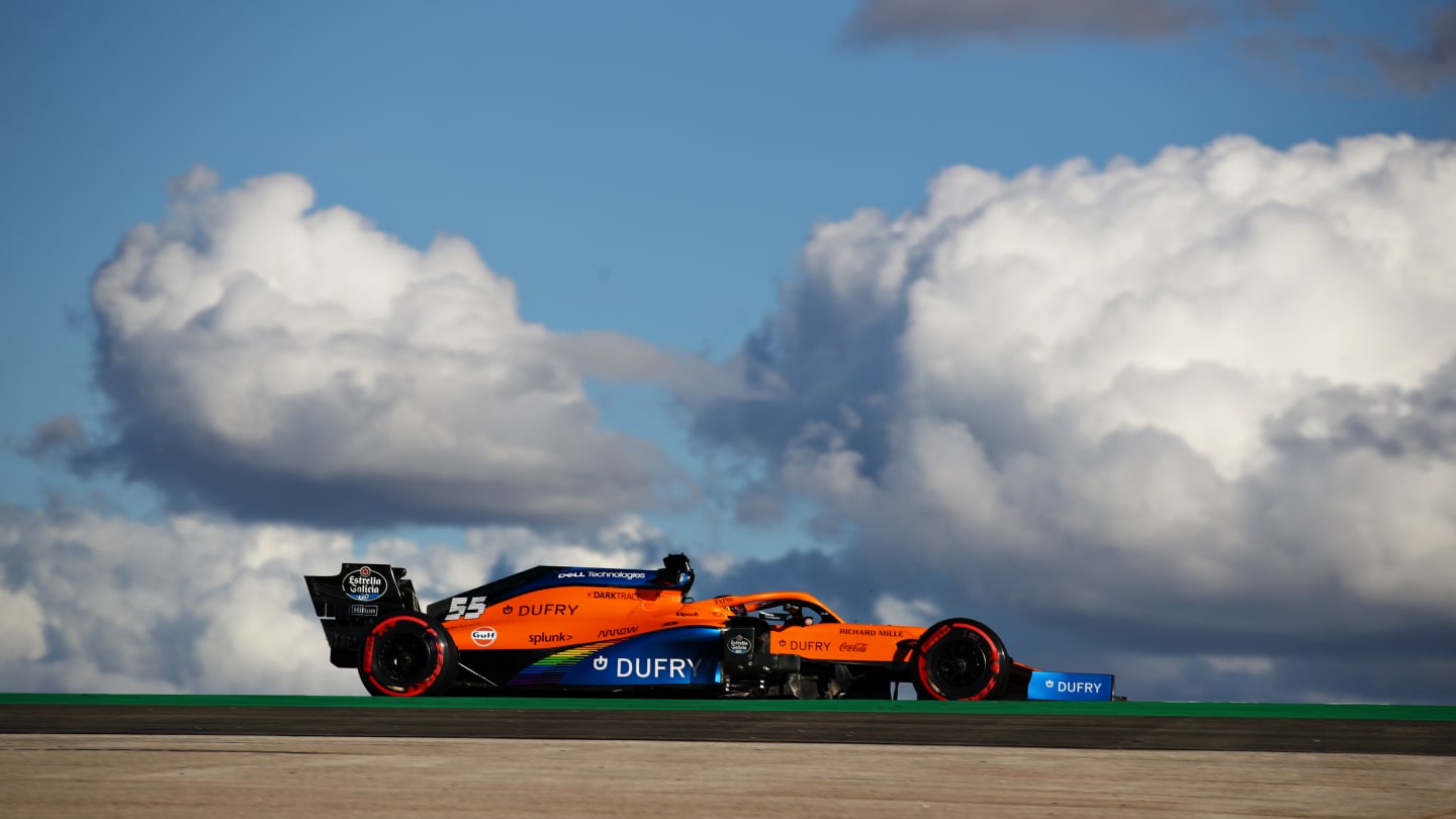 PORTIMAO, PORTUGAL - OCTOBER 23: Carlos Sainz of Spain driving the (55) McLaren F1 Team MCL35 Renault during practice ahead of the F1 Grand Prix of Portugal at Autodromo Internacional do Algarve on October 23, 2020 in Portimao, Portugal. (Photo by Bryn Lennon - Formula 1/Formula 1 via Getty Images)