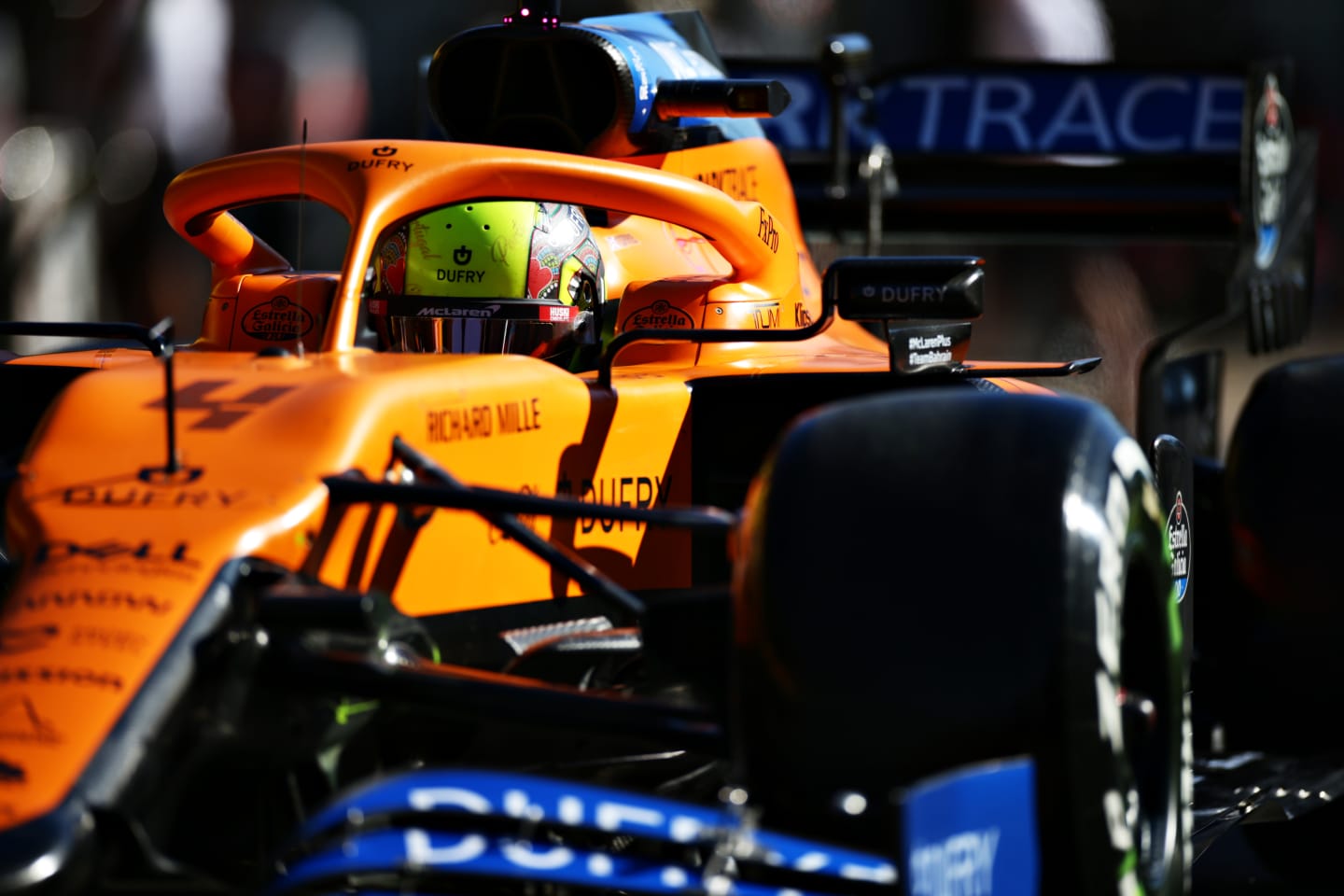 PORTIMAO, PORTUGAL - OCTOBER 23: Lando Norris of Great Britain driving the (4) McLaren F1 Team MCL35 Renault in the Pitlane during practice ahead of the F1 Grand Prix of Portugal at Autodromo Internacional do Algarve on October 23, 2020 in Portimao, Portugal. (Photo by Peter Fox/Getty Images)