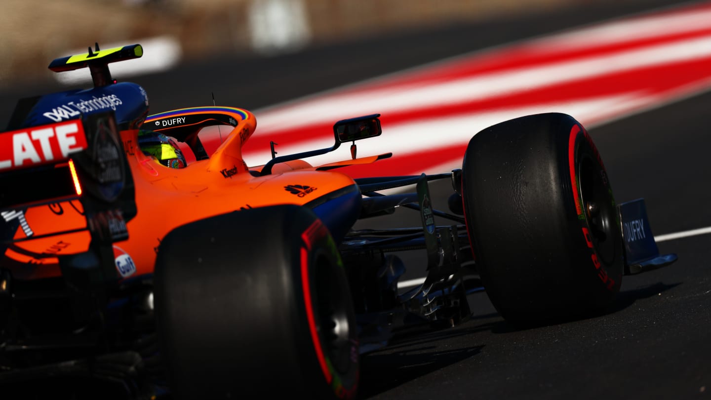 PORTIMAO, PORTUGAL - OCTOBER 24: Lando Norris of Great Britain driving the (4) McLaren F1 Team MCL35 Renault during final practice ahead of the F1 Grand Prix of Portugal at Autodromo Internacional do Algarve on October 24, 2020 in Portimao, Portugal. (Photo by Dan Istitene - Formula 1/Formula 1 via Getty Images)