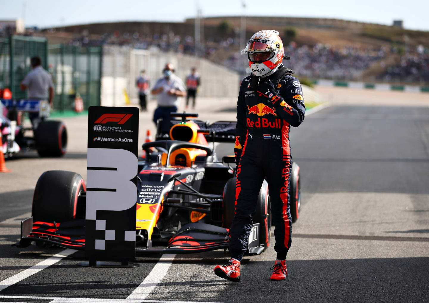 PORTIMAO, PORTUGAL - OCTOBER 24: Third place qualifier Max Verstappen of Netherlands and Red Bull Racing walks from his car in parc ferme during qualifying ahead of the F1 Grand Prix of Portugal at Autodromo Internacional do Algarve on October 24, 2020 in Portimao, Portugal. (Photo by Mark Thompson/Getty Images)