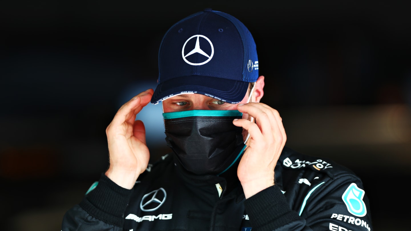 PORTIMAO, PORTUGAL - OCTOBER 24: Second placed Valtteri Bottas of Finland and Mercedes GP looks on in parc ferme during qualifying ahead of the F1 Grand Prix of Portugal at Autodromo Internacional do Algarve on October 24, 2020 in Portimao, Portugal. (Photo by Dan Istitene - Formula 1/Formula 1 via Getty Images)