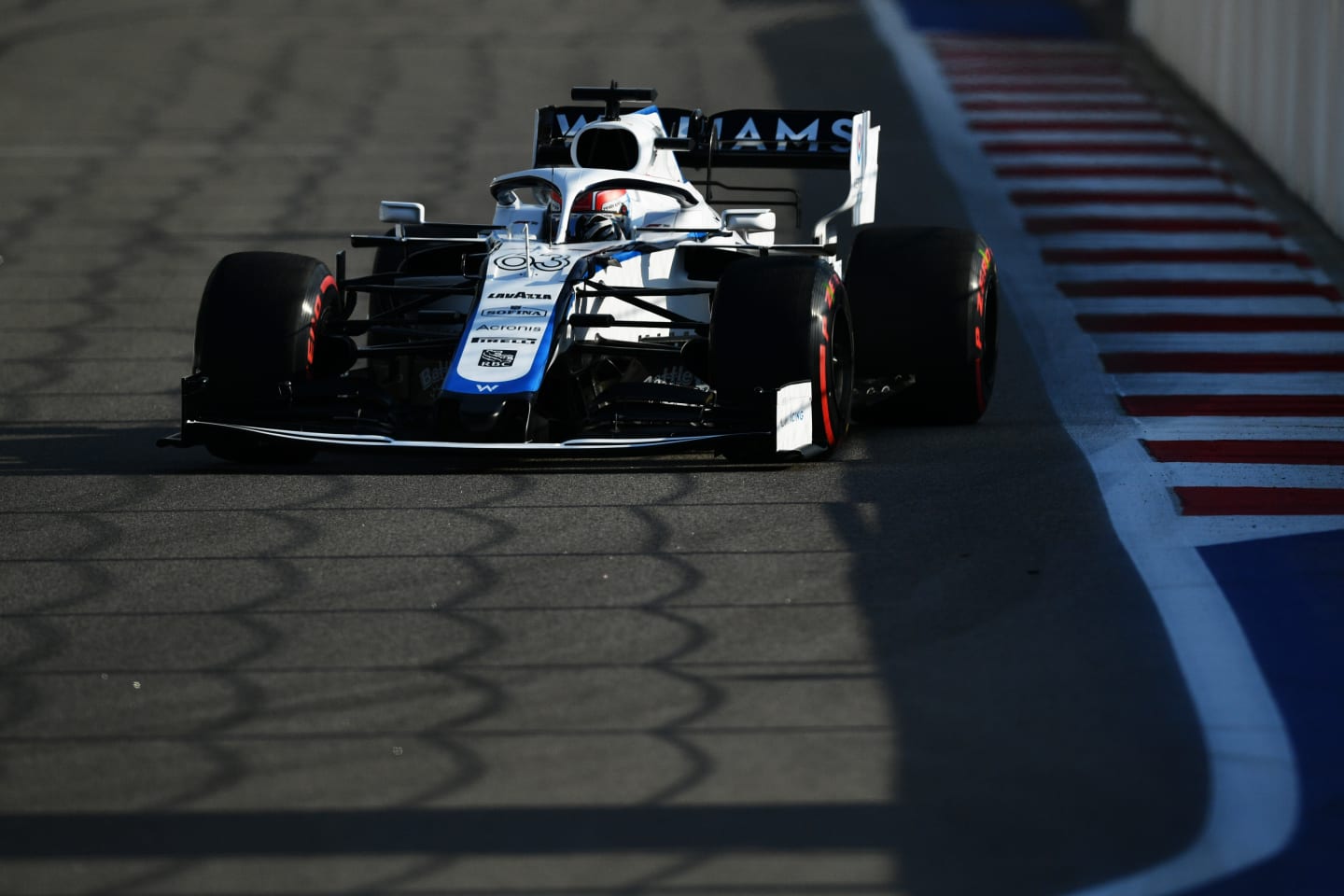 SOCHI, RUSSIA - SEPTEMBER 25: George Russell of Great Britain driving the (63) Williams Racing FW43 Mercedes on track during practice ahead of the F1 Grand Prix of Russia at Sochi Autodrom on September 25, 2020 in Sochi, Russia. (Photo by Dan Mullan/Getty Images)