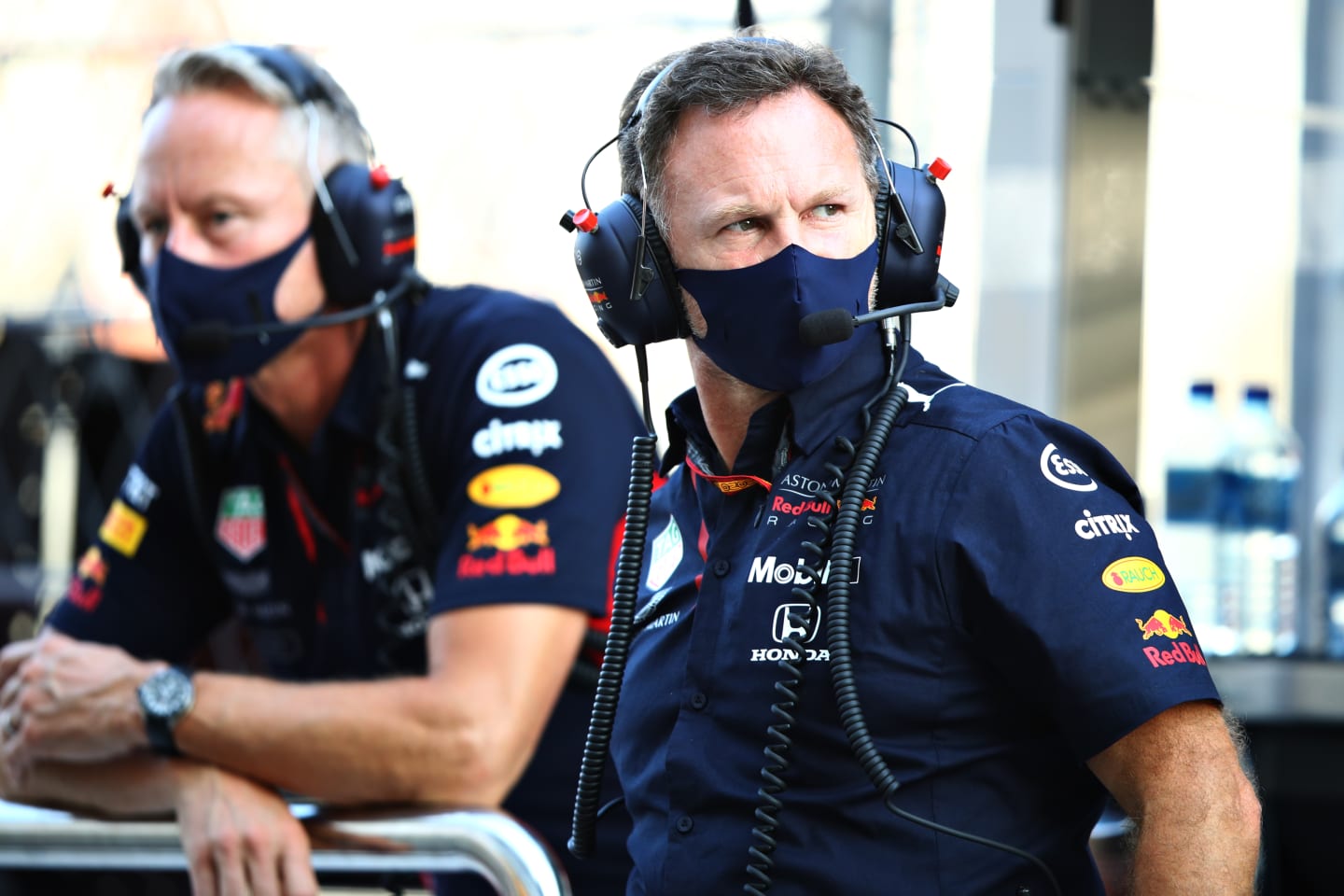 SOCHI, RUSSIA - SEPTEMBER 25: Red Bull Racing Team Principal Christian Horner and Red Bull Racing Team Manager Jonathan Wheatley looks on from the pitwall during practice ahead of the F1 Grand Prix of Russia at Sochi Autodrom on September 25, 2020 in Sochi, Russia. (Photo by Mark Thompson/Getty Images)