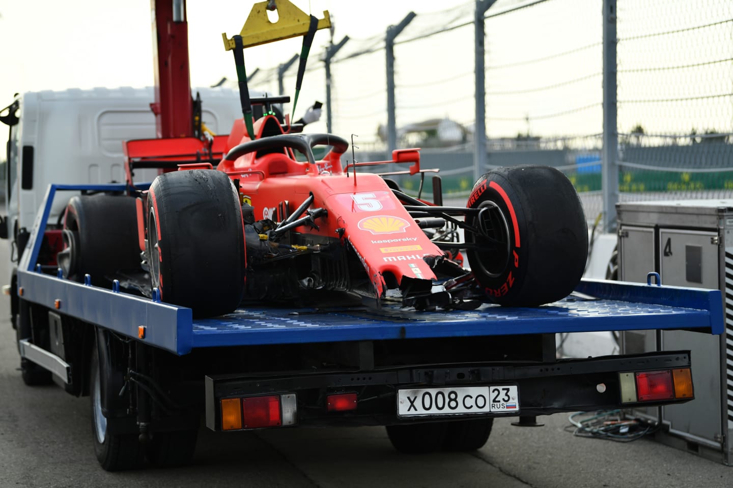 SOCHI, RUSSIA - SEPTEMBER 26: The broken car of Sebastian Vettel of Germany and Ferrari is seen on a pick up truck as it is transported back to the garage after crashing during qualifying ahead of the F1 Grand Prix of Russia at Sochi Autodrom on September 26, 2020 in Sochi, Russia. (Photo by Dan Mullan/Getty Images)