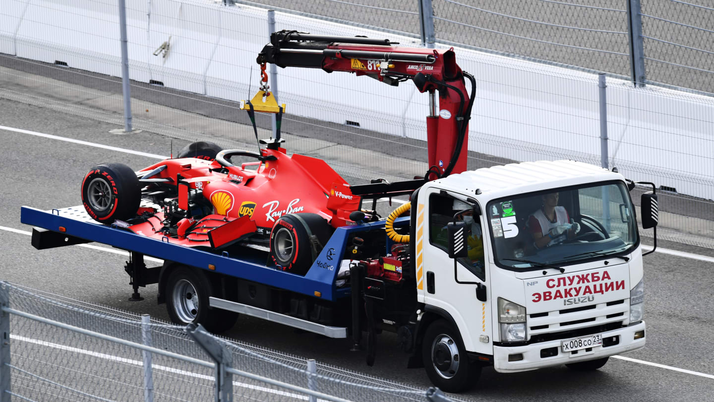 SOCHI, RUSSIA - SEPTEMBER 26: The car of Sebastian Vettel of Germany and Ferrari is carried on a
