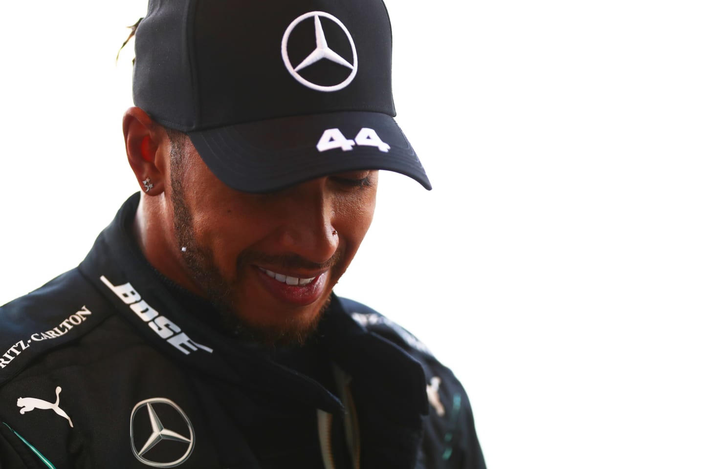 SOCHI, RUSSIA - SEPTEMBER 26: Lewis Hamilton of Great Britain and Mercedes GP smiles in parc ferme after claiming pole position during qualifying ahead of the F1 Grand Prix of Russia at Sochi Autodrom on September 26, 2020 in Sochi, Russia. (Photo by Dan Istitene - Formula 1/Formula 1 via Getty Images)